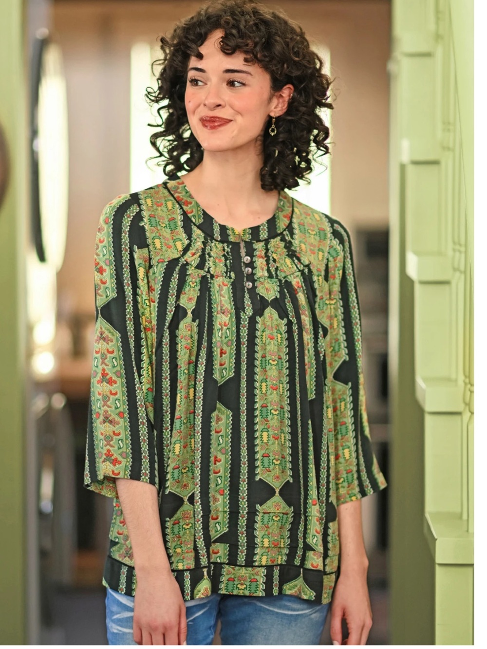 April Cornell Peru Ruffled Hem Blouse Top Olive Floral Green Herbs L